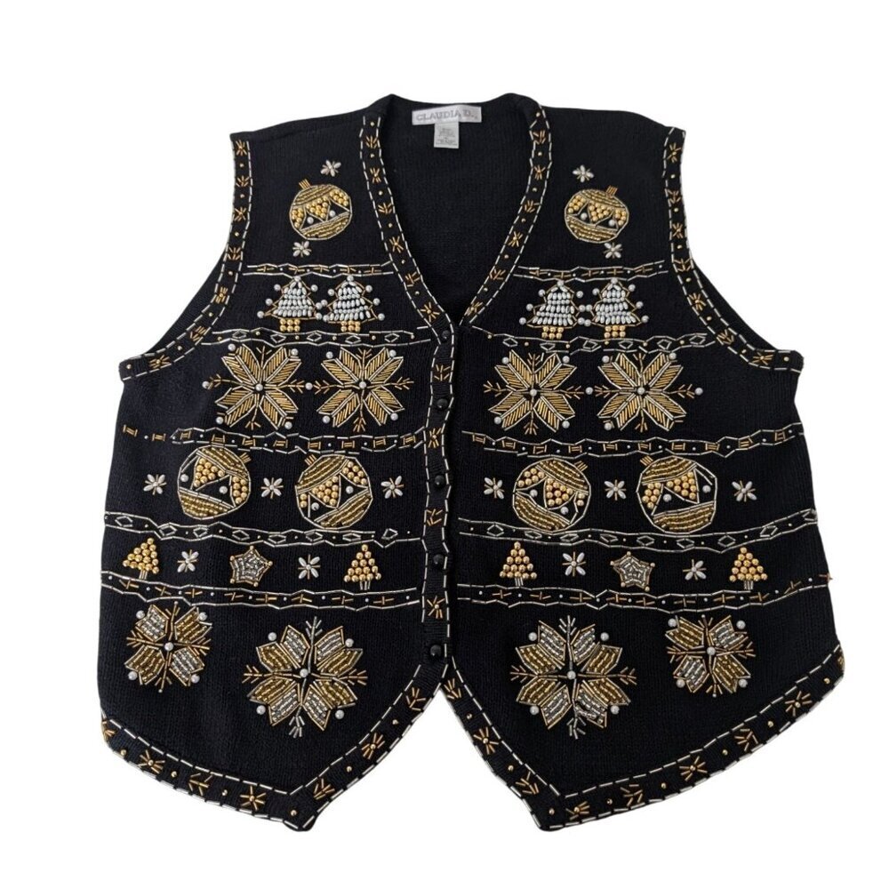 Vintage Claudia D Beaded Christmas Sweater Vest Womens Size XL Black Holiday